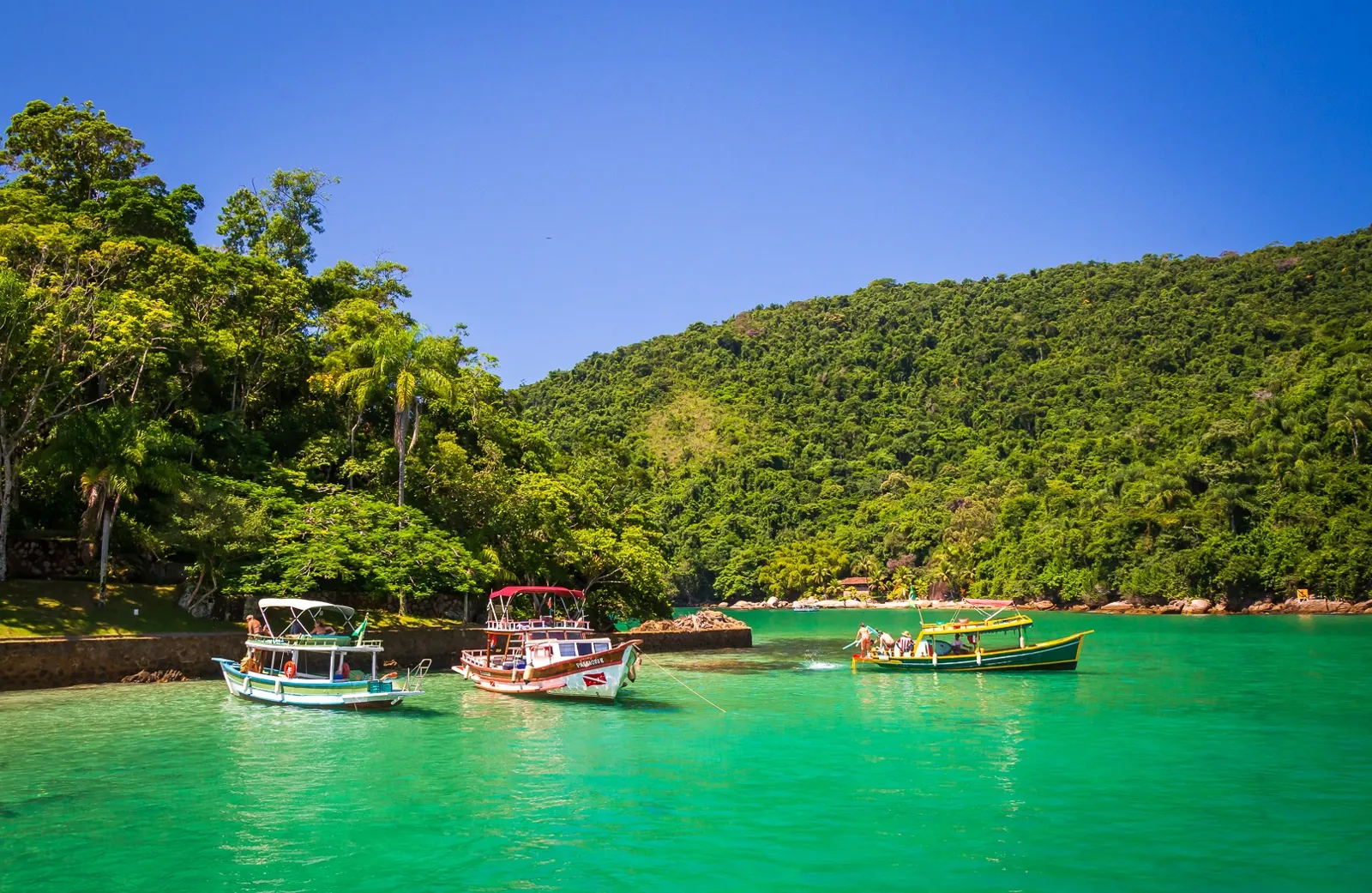 Lancha da ParatyOceanTour ancorada em praia de águas transparentes em Paraty, RJ Lancha da ParatyOceanTour ancorada em praia de águas transparentes em Paraty, RJ